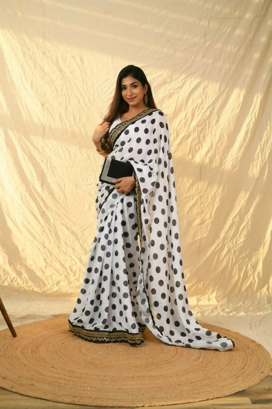 Vamsee Polka Dot Black & White Nylon Saree - Swadesiicart