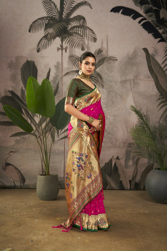 Vishnu Weaves Women's Rani Paithani Silk Saree with Blouse - Swadesiicart