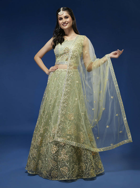 House of Panchhi Pista Net Sequinse Work Lehenga & Blouse, Dupatta | Swadesiicart