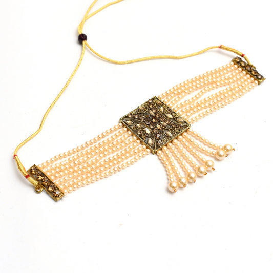 Mominos Fashion Johar Kamal Off White Color Kundan & Pearls Necklace Set - Swadesiicart