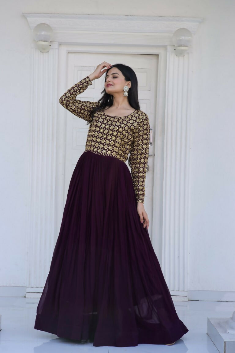 Jyoti Fashion Women's Wine Sequence Zari Embroidered Faux Blooming Anarkali Dress