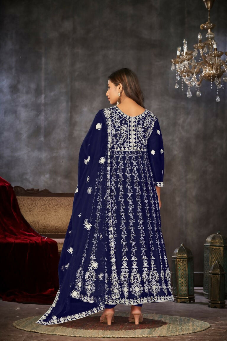 Jyoti Fashion Women's Blue Net Embroidered Anarkali Kurta Pant Set With Dupatta | Swadesiicart