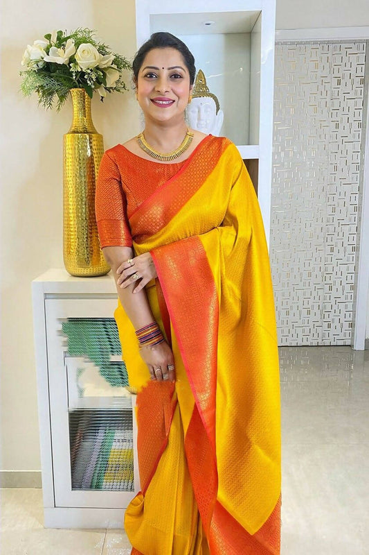 DEIANA'S Beautiful Designer Golden zari Soft Lichi Silk Saree - Yellow - Swadesiicart