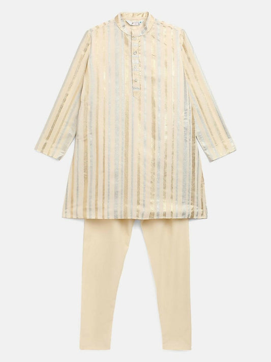Ahalyaa Cream Crepe Foil Print Kids Kurta Churidar Set For Boys | Swadesiicart