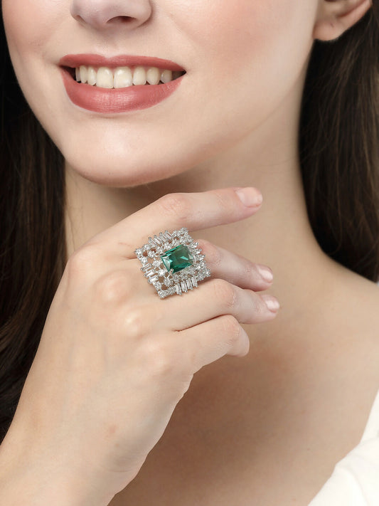 NVR Women's Green & Silver CZ-Studded Square-Shaped Adjustable Finger Ring | Swadesiicart