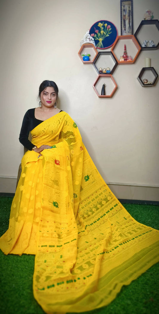 Exclusive Collection Handloom Dhakai Jamdani Saree - Pure Yellow - Swadesiicart