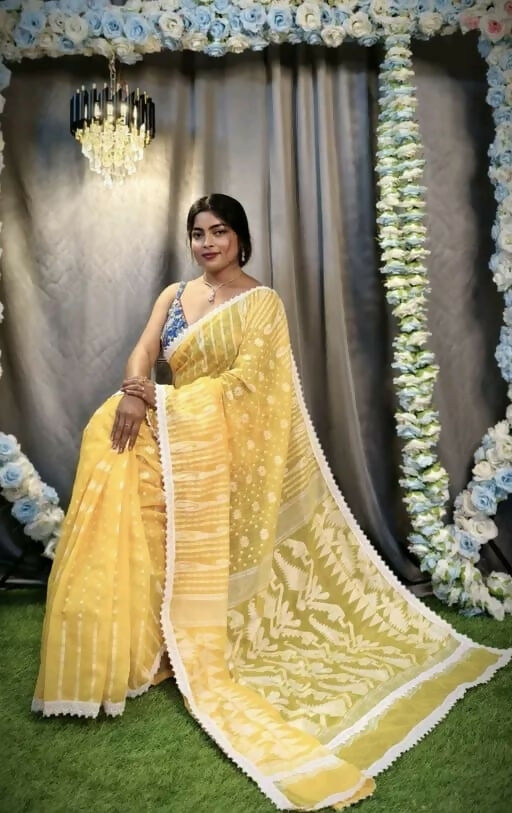 Exclusive Collection Beautiful Yellow Jaal Jamdani Saree - Swadesiicart