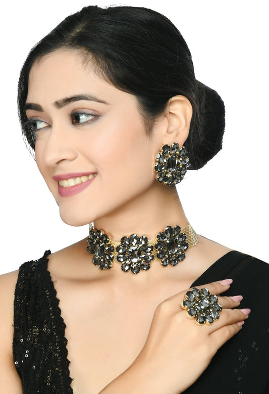 Mominos Fashion Joharkamal Gold-Polished Brass Finish Stone Choker For Women & Girls (Grey) | Swadesiicart