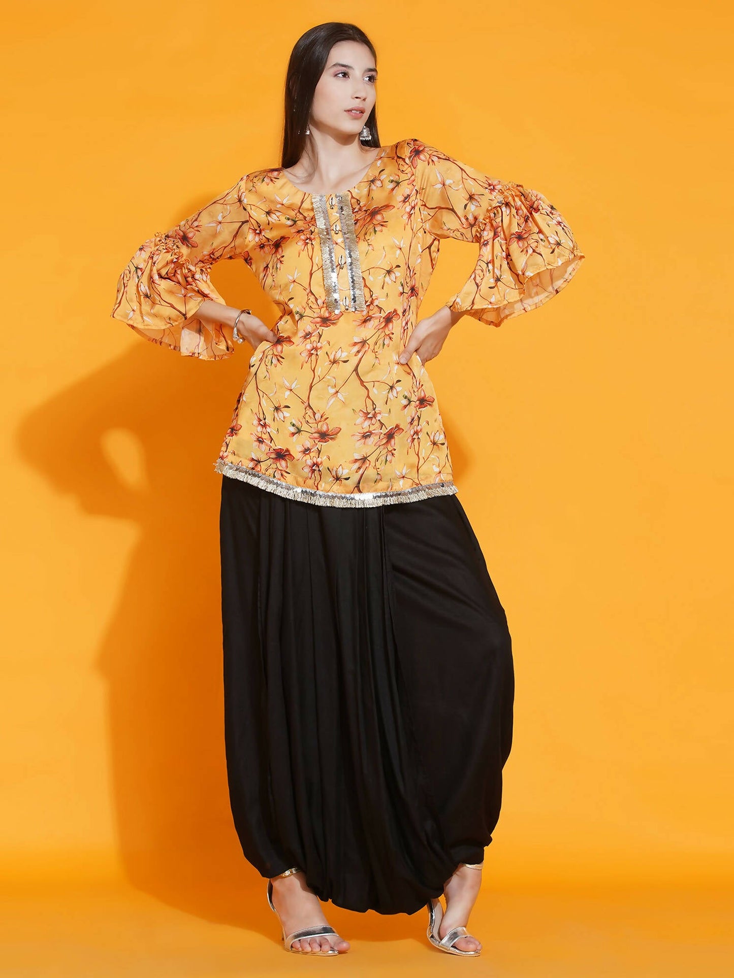 Women Republic Yellow Printed Satin Georgette Shirt With Bell Sleeves And Dhoti | Swadesiicart
