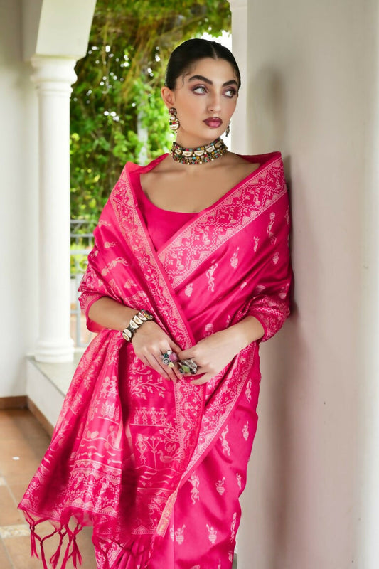 Vishnu Weaves Women's Rani Handloom Raw Silk Thread Weaving Saree with Blouse - Swadesiicart
