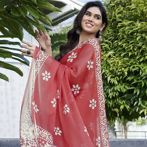 Women's Partywear Designer Peach Chinon Shiffon Fancy Saree - Dyuti | Swadesiicart