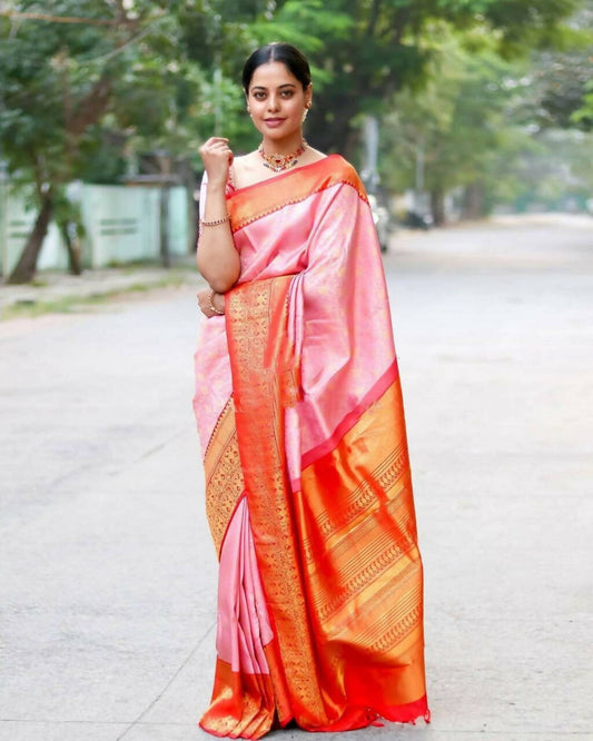 DEIANA'S Beautiful Designer Golden zari Soft Lichi Silk Saree - Peach - Swadesiicart