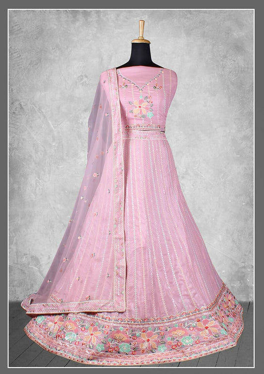 Light Pink Georgette Embroidery & Sequence Work Semi-Stitched Lehenga Choli - Nimaya Kangan | Swadesiicart