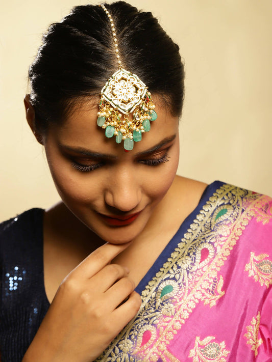 White Blue Gold-Polished Kundan-Studded Beaded Maang Tikka - Ruby Raang | Swadesiicart
