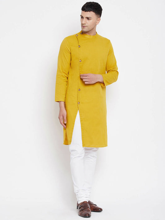Even Apparels Yellow Pure Cotton Men's Sherwani Kurta With Asymetrical Cut | Swadesiicart