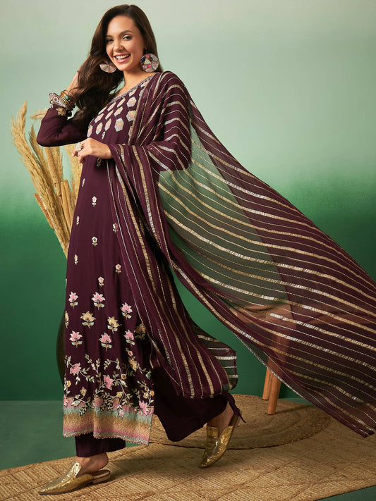 Wine Georgette Handwork Unstitched Dress Material - Hanika | Swadesiicart