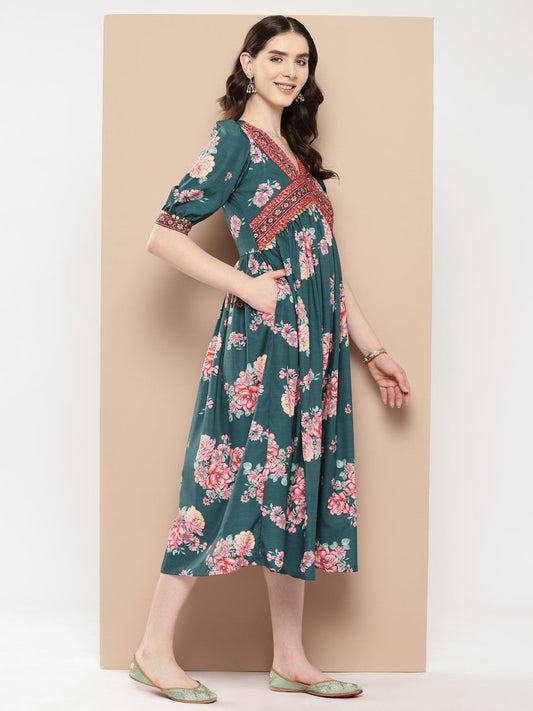 Ahalyaa Women Floral Printed Empire Ethnic Dress | Swadesiicart