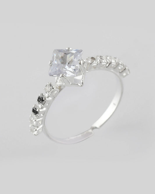VOJ white CZ-detail Stainless Steel Cubic Zirconia Silver Plated Adjustable Finger Ring | Swadesiicart