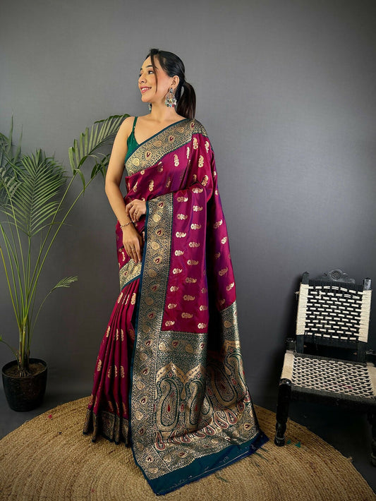 Joban Fashion Banarasi Wine Woven Butti Soft Silk Saree | Swadesiicart