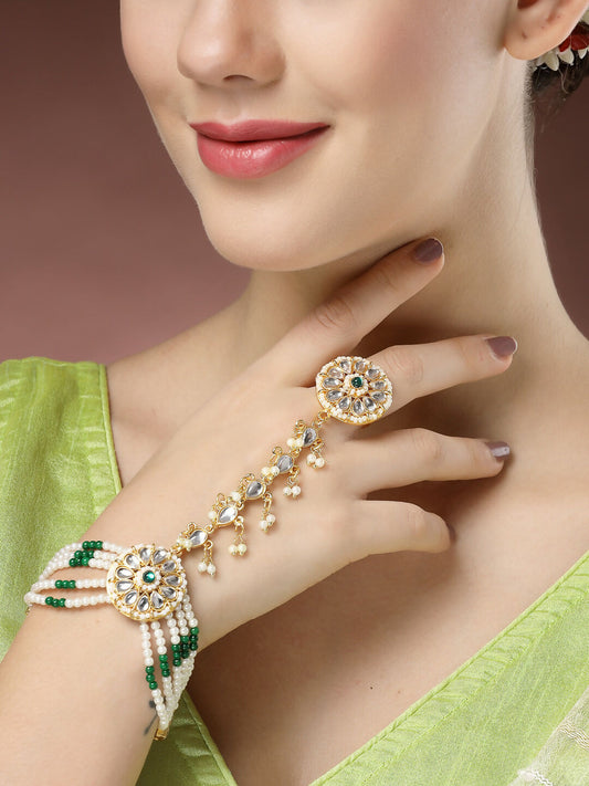 NVR Women's Green Gold-Polished Stone Studded Handcrafted Ring Bracelet - Swadesiicart