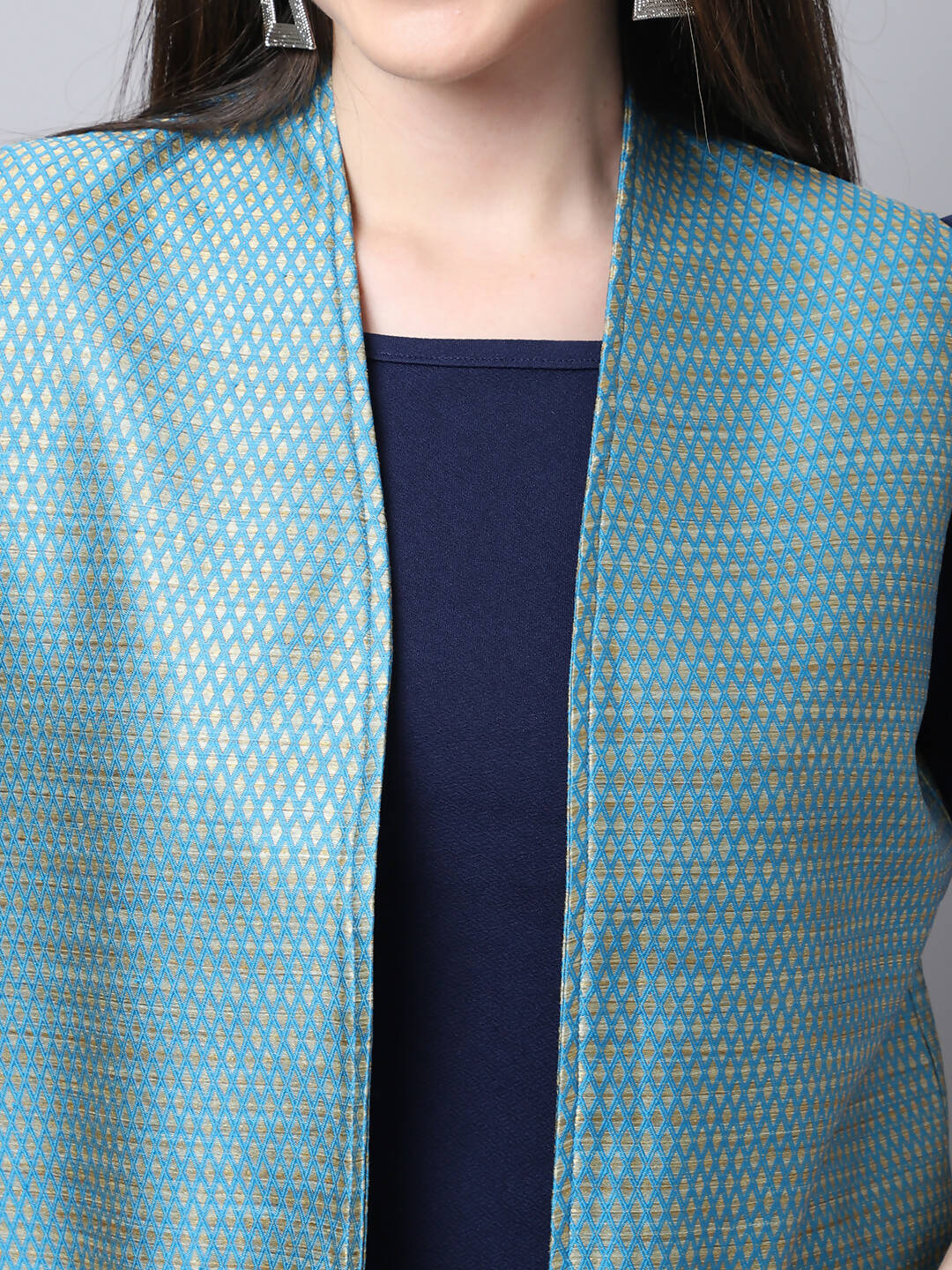 Even Apparels Blue Bansari Silk Open Front Women's Long Coat | Swadesiicart