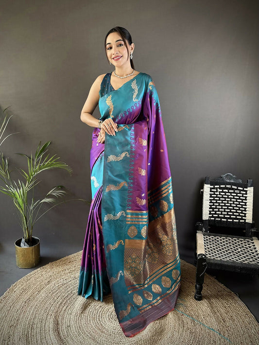 Joban Fashion Teal Peacock,Butti Banarasi Silk Sarees | Swadesiicart