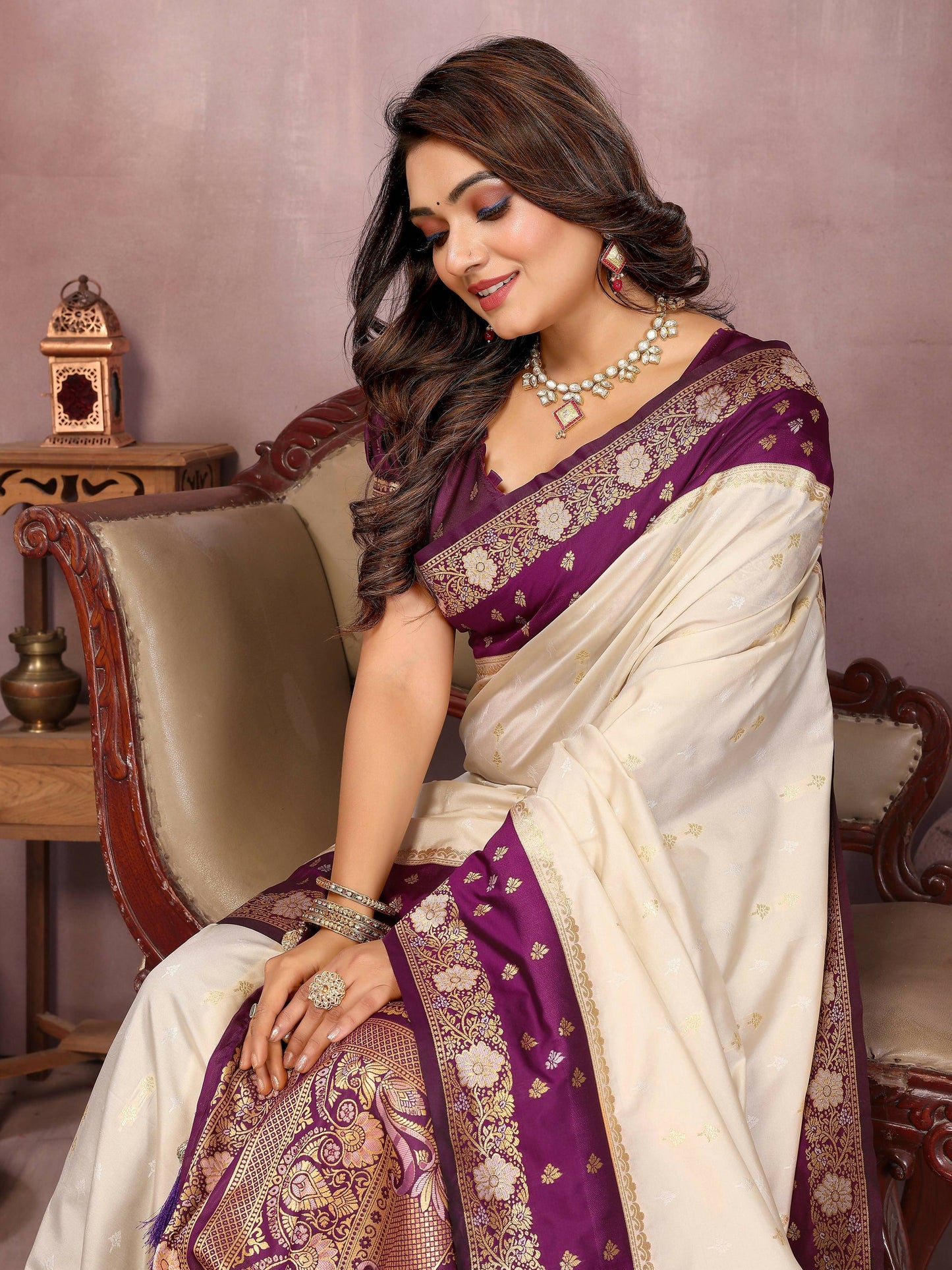 Aastha Fashion Cream Kalamkari Silk Zari Woven Saree