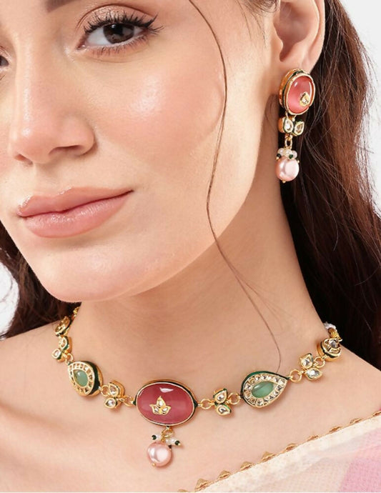Nuyug 22K Gold Plated Radiant Rose Stone Kundan Necklace | Swadesiicart
