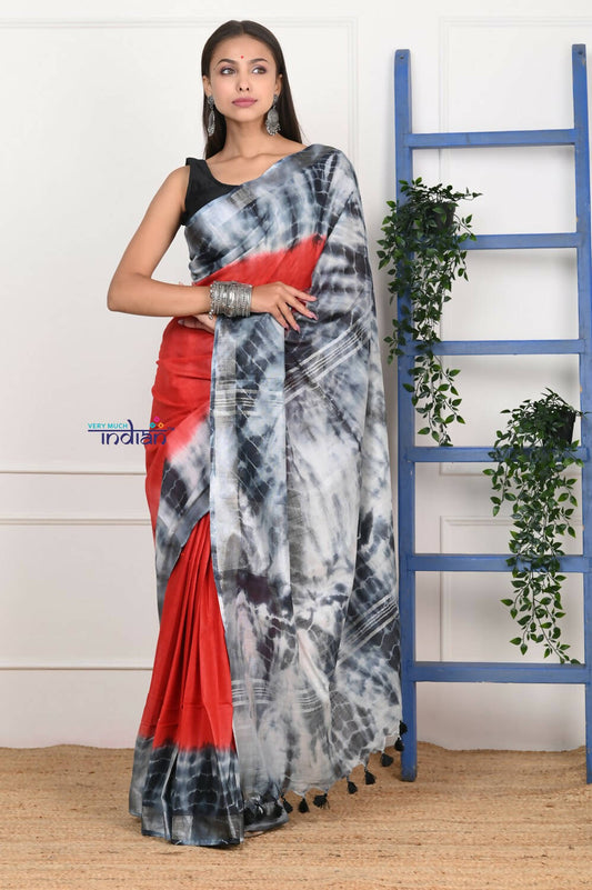 Very Much Indian Handmade Tie And Dye Cotton Saree By Women Weavers -Red Black | Swadesiicart