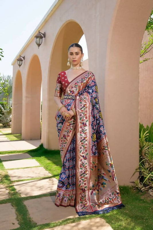 Vishnu Weaves Women's Navy Blue Paithani Silk Zari Woven Saree with Unstitched Blouse - Swadesiicart