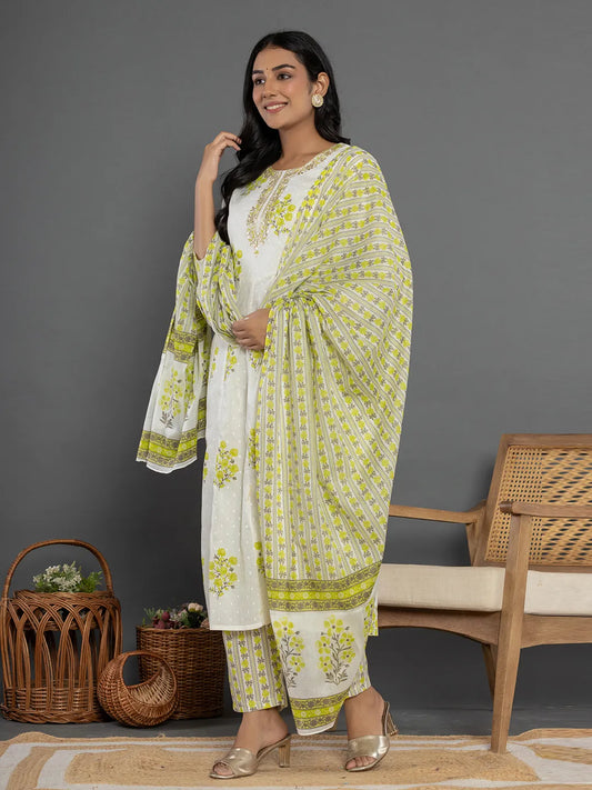 Yufta Green & White Gota_Patti Cotton Anarkali Kurta Dupatta Pant Set - Swadesiicart