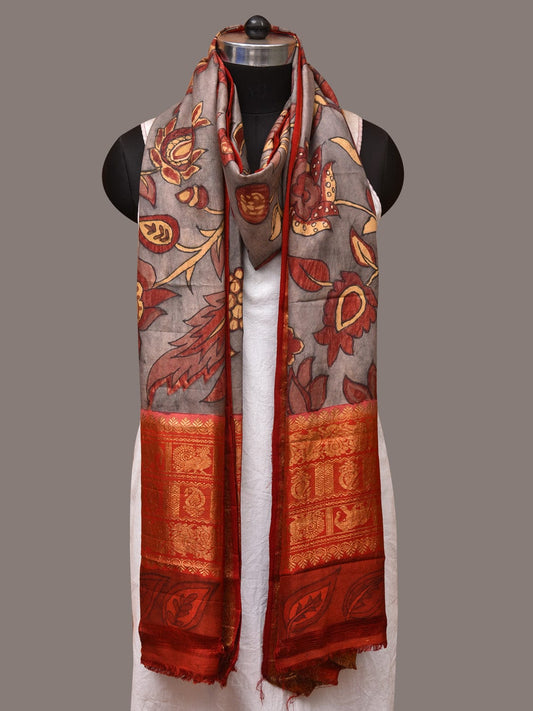 Green and Red Kalamkari Hand Painted Kanchipuram Silk Handloom Dupatta with Floral Design - Global Threads | Swadesiicart