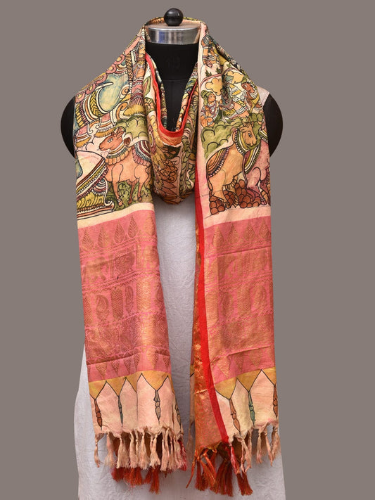 Green and Red Kalamkari Hand Painted Kanchipuram Silk Handloom Dupatta with Krishna Design - Global Threads | Swadesiicart