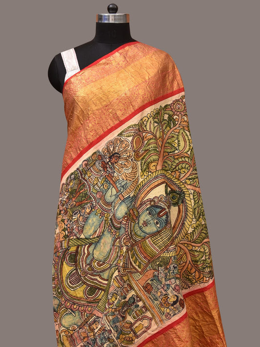 Green and Red Kalamkari Hand Painted Kanchipuram Silk Handloom Dupatta with Krishna Design - Global Threads | Swadesiicart