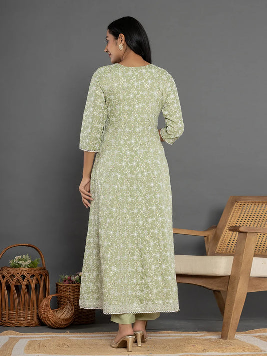 Yufta Green Cotton Silk Embroidered Anarkali Kurta Dupatta Set - Swadesiicart