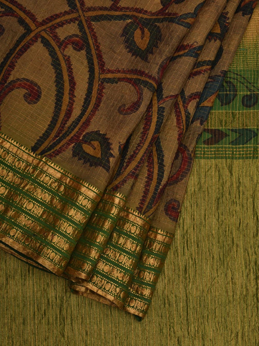 Green Kalamkari Hand Painted Gadwal Silk Handloom Saree with Floral Design - Global Threads | Swadesiicart