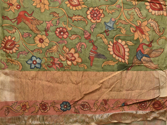 Green Kalamkari Hand Painted Tussar Cotton Handloom Saree with Floral Design - Global Threads | Swadesiicart