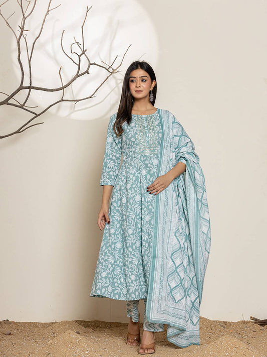 Yufta Green Sequins Workthread Work Cotton Anarkali Kurta And Trouser With Dupatta - Swadesiicart