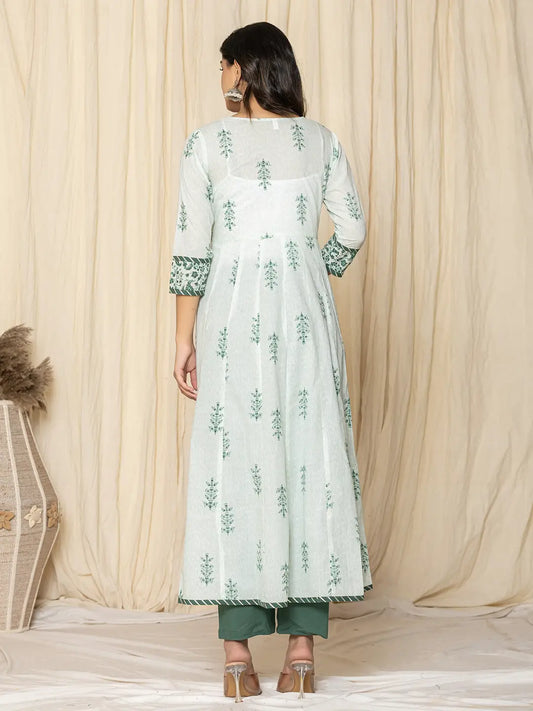 Yufta Green Sequins_Work Cotton Anarkali Kurta And Trouser With Dupatta Set - Swadesiicart