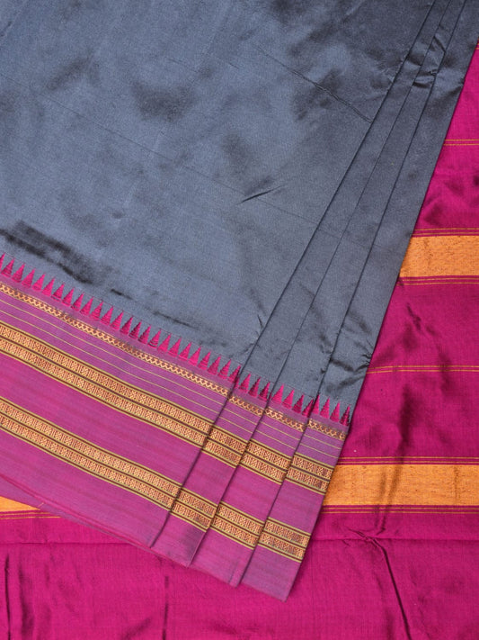 Grey and Pink Narayanpet Silk Handloom Plain Saree with Border Design No Blouse - Global Threads | Swadesiicart