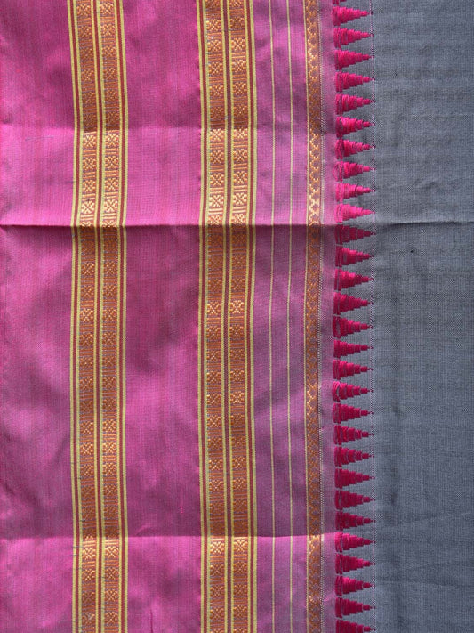 Grey and Pink Narayanpet Silk Handloom Plain Saree with Border Design No Blouse - Global Threads | Swadesiicart