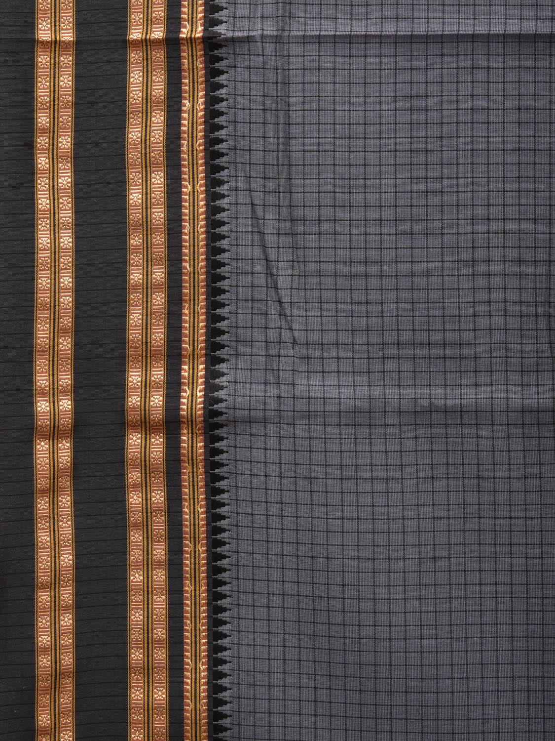 Grey Bamboo Cotton Saree with Checks Design - Global Threads | Swadesiicart