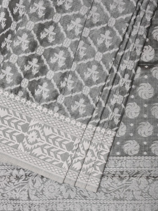 Grey Cut Work Tussar Cotton Saree with All Over Jamdani Style Design - Global Threads | Swadesiicart