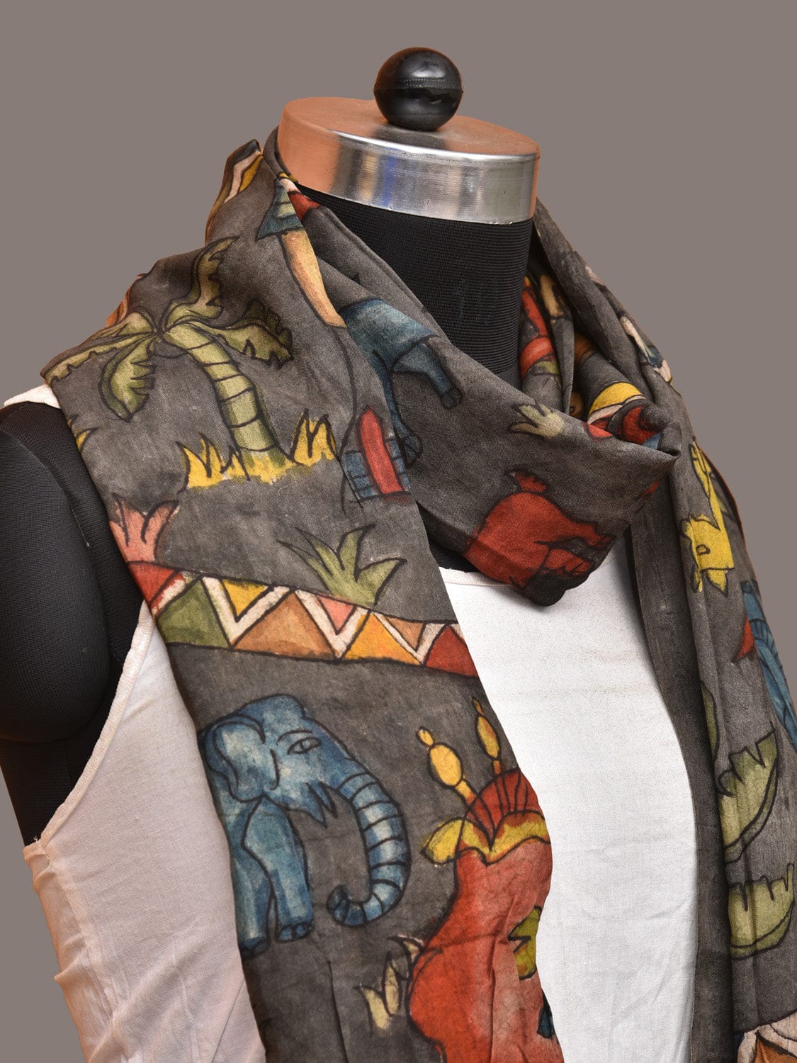 Grey Kalamkari Hand Painted Sico Stole with Village and Animals Theme Design - Global Threads | Swadesiicart
