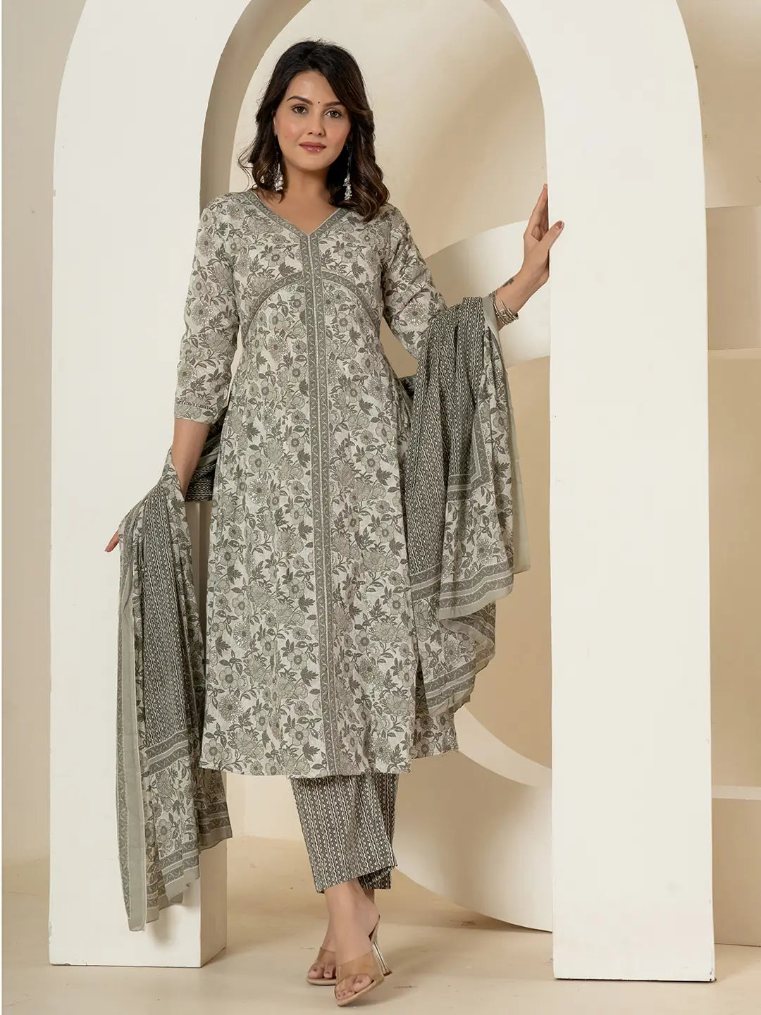 Yufta Grey Sequins_Work Pure Cotton Anarkali Kurta And Dupatta Set - Swadesiicart