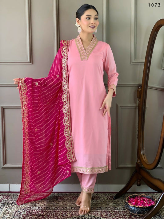 Partywear Designer Viscose Silk Blend Pink Stitched Suit With Dupatta - Tanisha | Swadesiicart