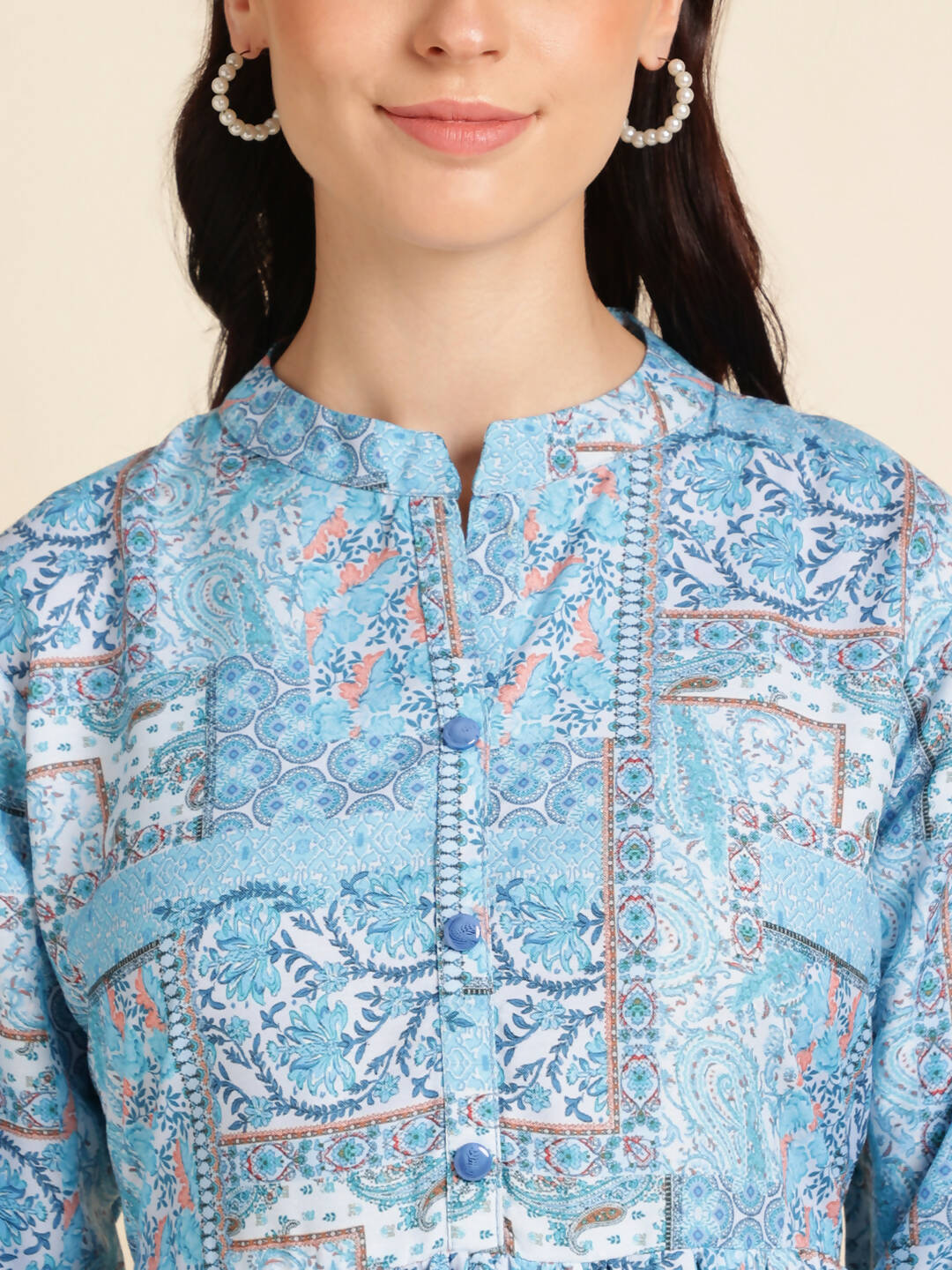 Light Blue Poly Rayon Digital Printed A-line Top - Tarini - Swadesiicart