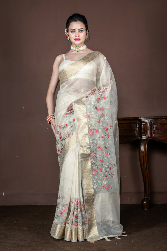 Morchari Beige Banarasi Tissue Computer Embroidery Saree Unstitched Blouse | Swadesiicart