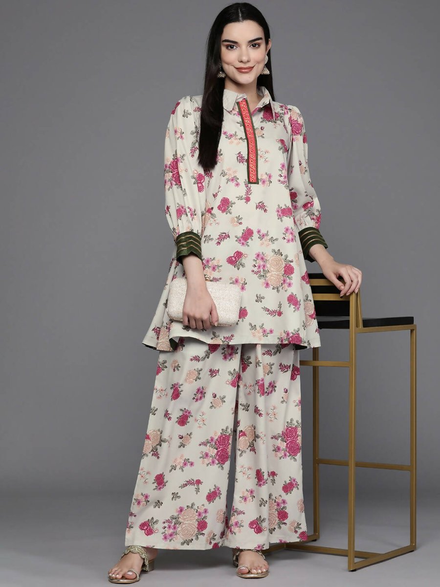 Ahalyaa Women Floral Printed Tunic with Palazzos - Beige Color | Swadesiicart