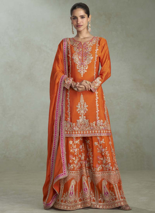 Vegaa Fashion Orange Chinon Embroidered Designer Palazzo Suit - Swadesiicart